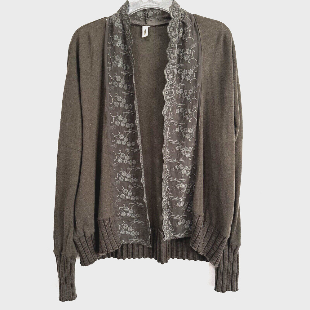 Anthropologie Tiny Open Cardigan XS Green Lace Linen Blend Boho Travel Knit Work